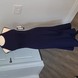 Betsy & Adam Size 2 Navy Blue Sleeveless Halter Ruffled Crepe Midi Dress